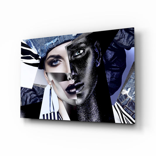 Abstract Woman Portrait glass wall art displayed above a console in a designer interior