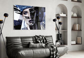 Abstract Woman Portrait glass wall art styled above a desk in a creative office
