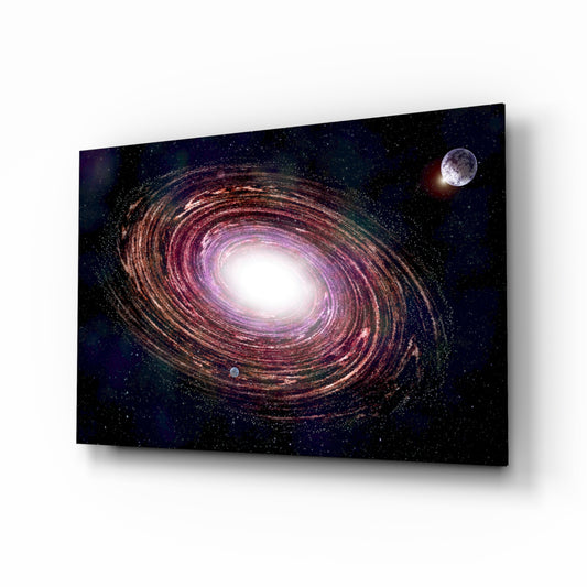 Milky Way glass wall art displayed above a console in a designer interior