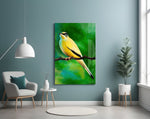 Yellow Vine Bird glass wall art styled above a desk in a child's room