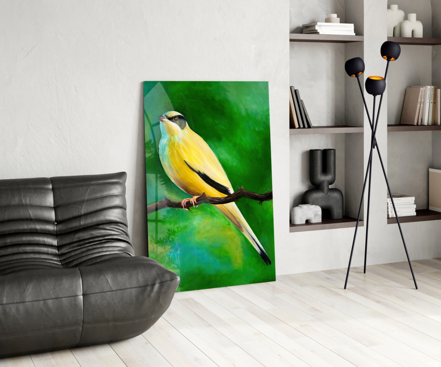 Yellow Vine Bird Glass Wall Art.