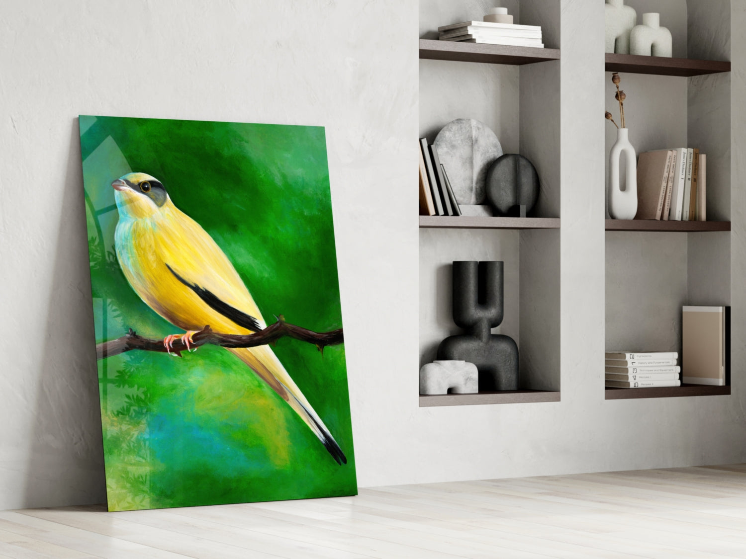 Yellow Vine Bird Glass Wall Art.