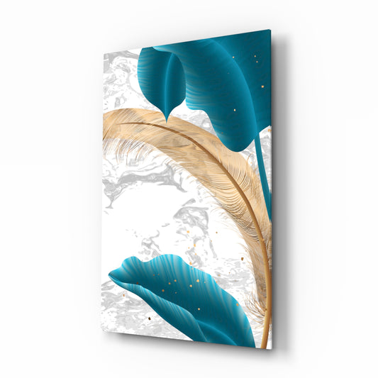 Turquoise Leaves glass wall art displayed above a console in a designer interior