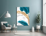 Turquoise Leaves glass wall art styled above a vanity in a powder room