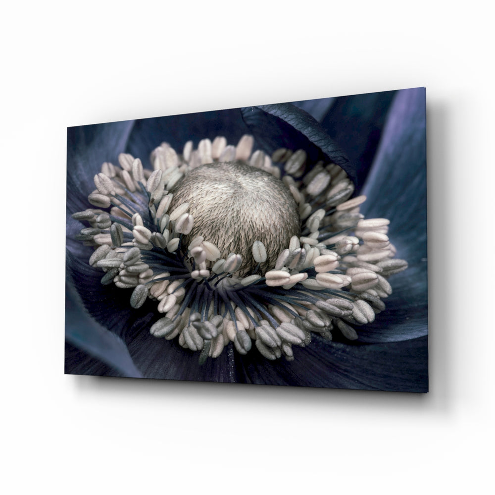 Gray Flower glass wall art displayed above a console in a designer interior