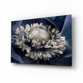 Gray Flower glass wall art displayed above a console in a designer interior