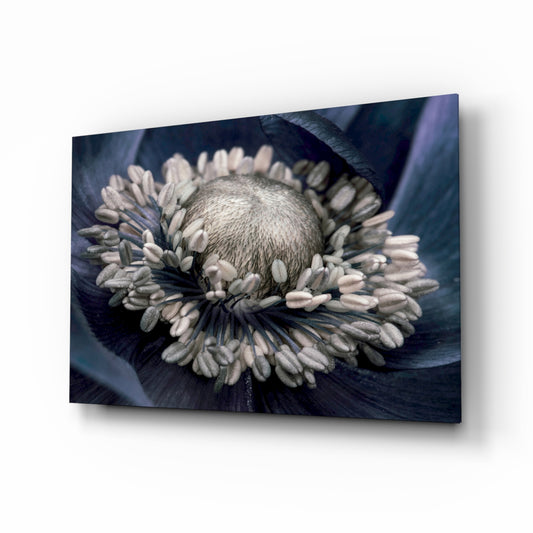 Gray Flower glass wall art displayed above a console in a designer interior