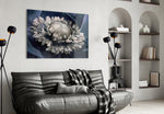 Gray Flower glass wall art styled above a vanity in a powder room