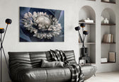 Gray Flower glass wall art styled above a vanity in a powder room