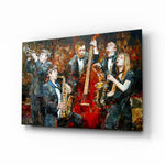 Music Group glass wall art displayed above a console in a designer interior