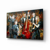 Music Group glass wall art displayed above a console in a designer interior
