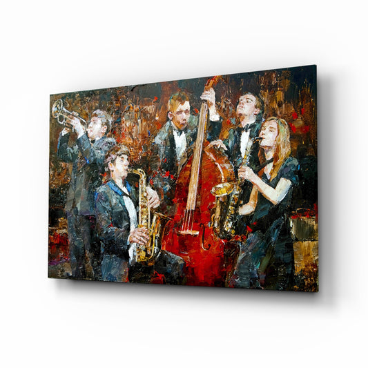 Music Group glass wall art displayed above a console in a designer interior