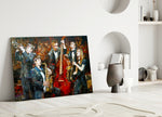 Close-up detail of double-bass and saxophones in impasto