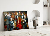 Close-up detail of double-bass and saxophones in impasto