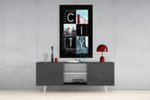 City panel catching gallery light to reveal its tactile gloss