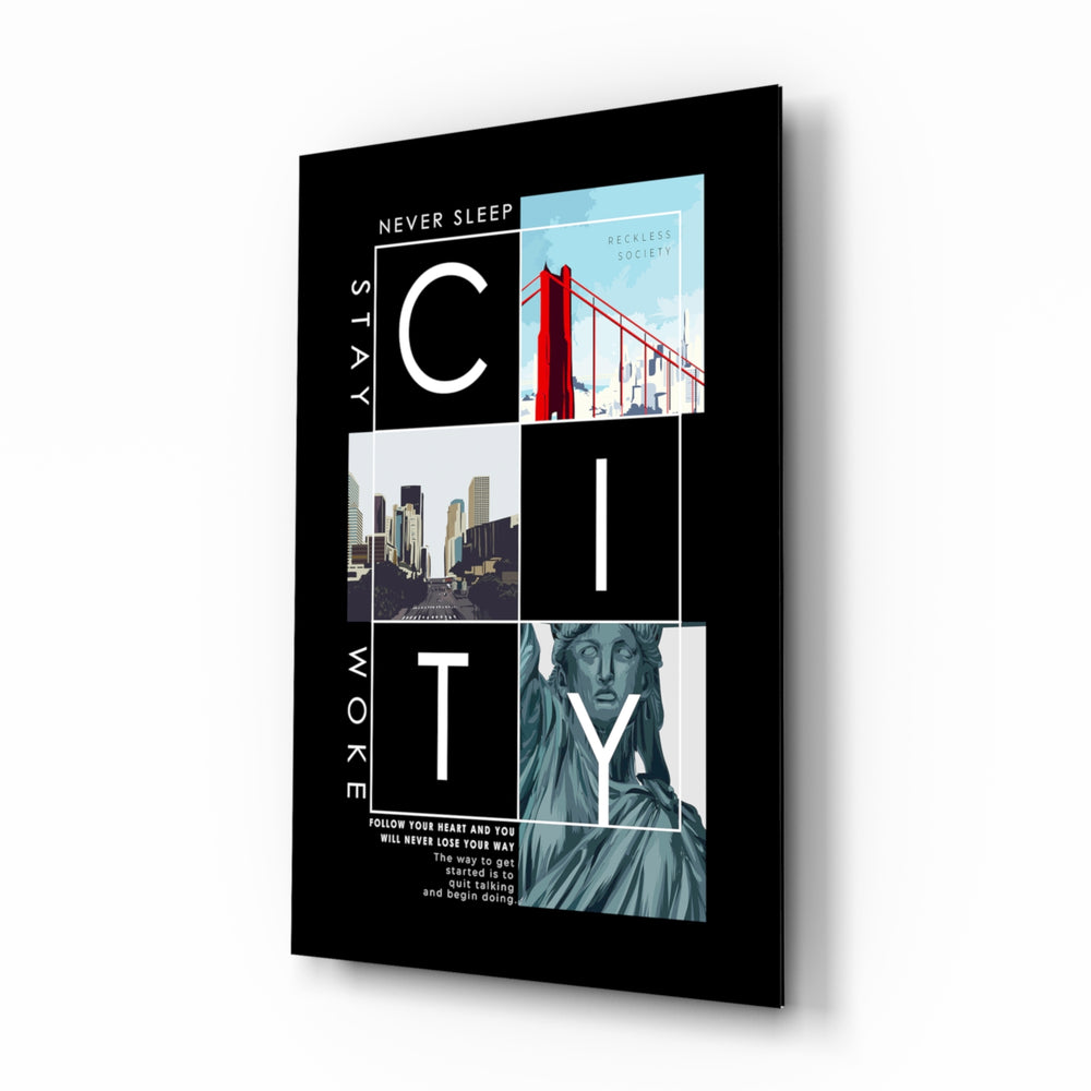 City glass wall art displayed above a console in a designer interior