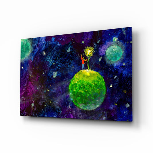 The Little Prince glass wall art displayed above a console in a designer interior