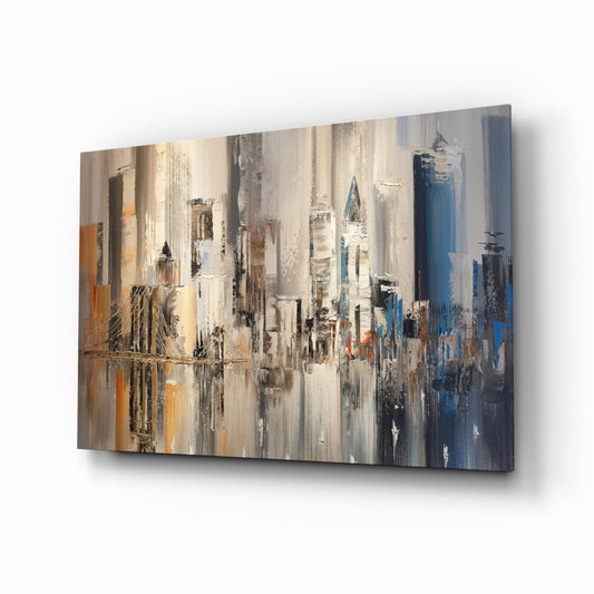 Abstract City glass wall art displayed above a console in a designer interior