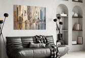 Abstract City glass wall art styled above a desk in a study