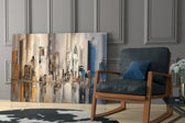 Abstract City glass print enhancing a foyer with editorial drama