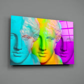 Glitch-statue panel bringing vaporwave drama to a contemporary living space