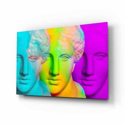 Colorful Statues glass wall art displayed above a console in a designer interior