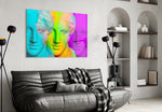 Colorful Statues glass wall art styled above a desk in a teen room