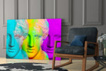 Colorful Statues glass print enhancing a foyer with editorial drama