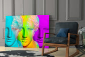 Colorful Statues glass print enhancing a foyer with editorial drama