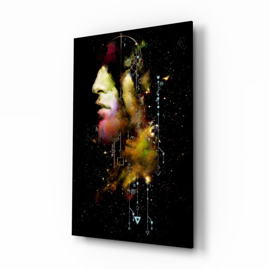 Thought glass wall art displayed above a console in a designer interior