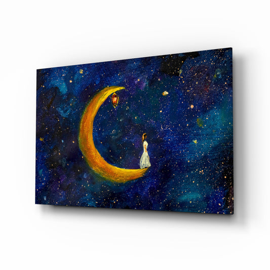 Moon House glass wall art displayed above a console in a designer interior