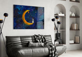 Moon House glass wall art styled above a bed in a child's room