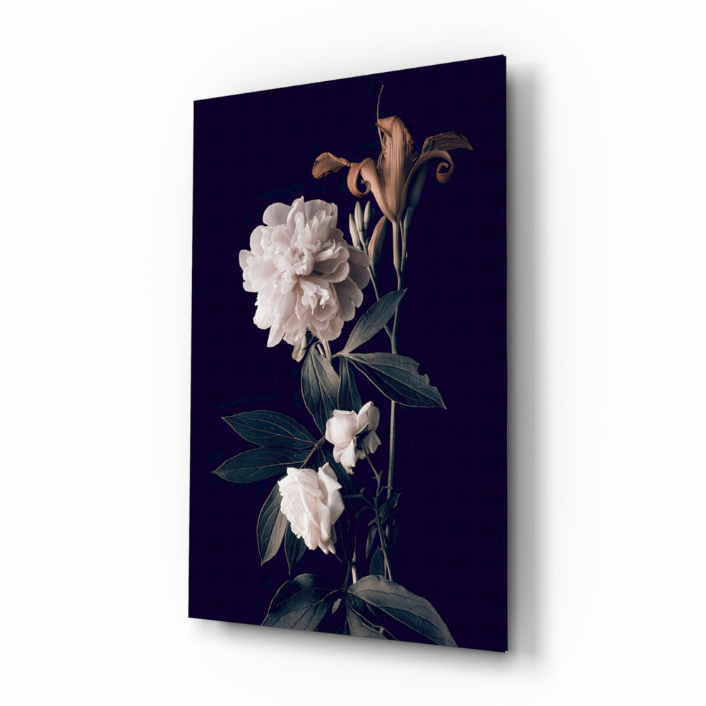 White Rose glass wall art displayed above a console in a designer interior