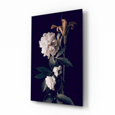 White Rose glass wall art displayed above a console in a designer interior