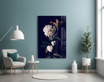 White Rose glass wall art styled above a sideboard in a dining room