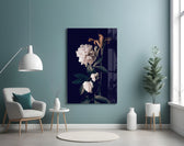 White Rose glass wall art styled above a sideboard in a dining room