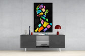 Colorful Spirit panel catching gallery light to reveal its tactile facet