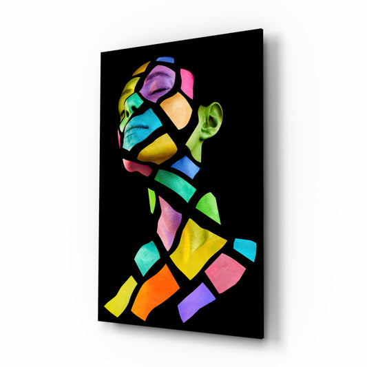 Colorful Spirit glass wall art displayed above a console in a designer interior
