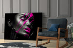 Purple Woman glass print enhancing a foyer with editorial drama