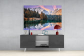 Lake Fusine panel catching gallery light to reveal its tactile stillness