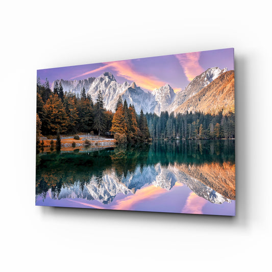 Lake Fusine glass wall art displayed above a console in a designer interior