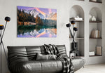 Lake Fusine glass wall art styled above a sofa in a living room