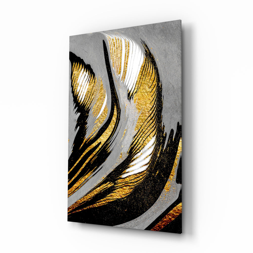 Gold Wave glass wall art displayed above a console in a designer interior