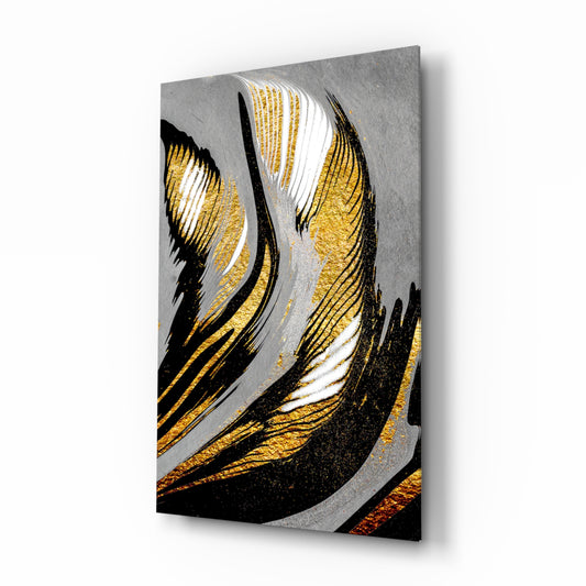 Gold Wave glass wall art displayed above a console in a designer interior