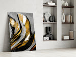 Gold Wave glass print enhancing a master bedroom with editorial drama