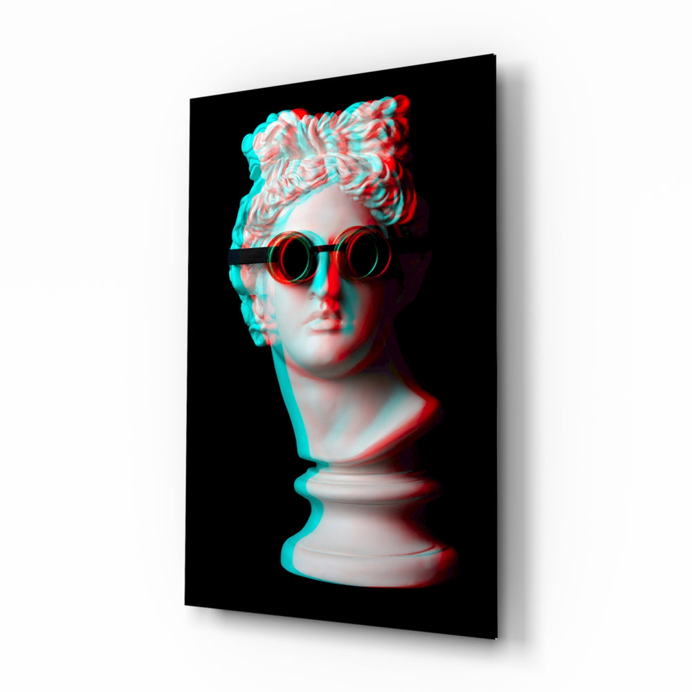 Goggle Apollo glass wall art displayed above a console in a designer interior