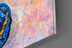 Butterfly artwork anchoring a wall with bold joyful palette