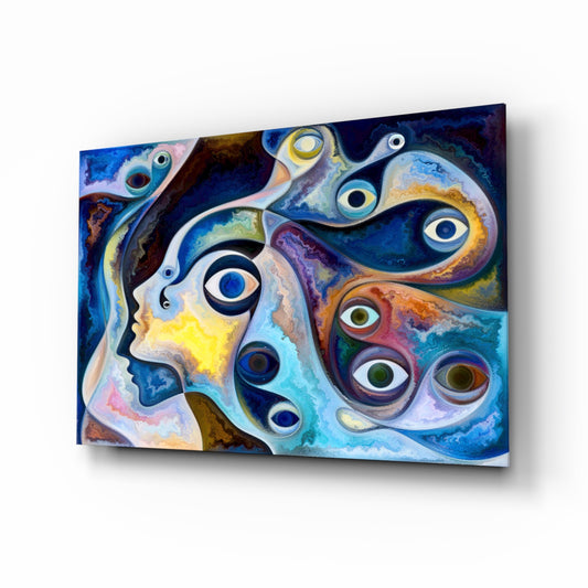 Eyes glass wall art displayed above a console in a designer interior