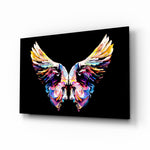 Wings glass wall art displayed above a console in a designer interior