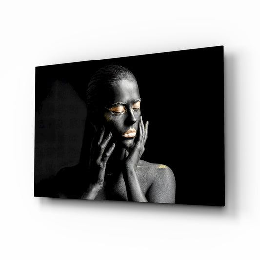 Gold Beauty glass wall art displayed above a console in a designer interior